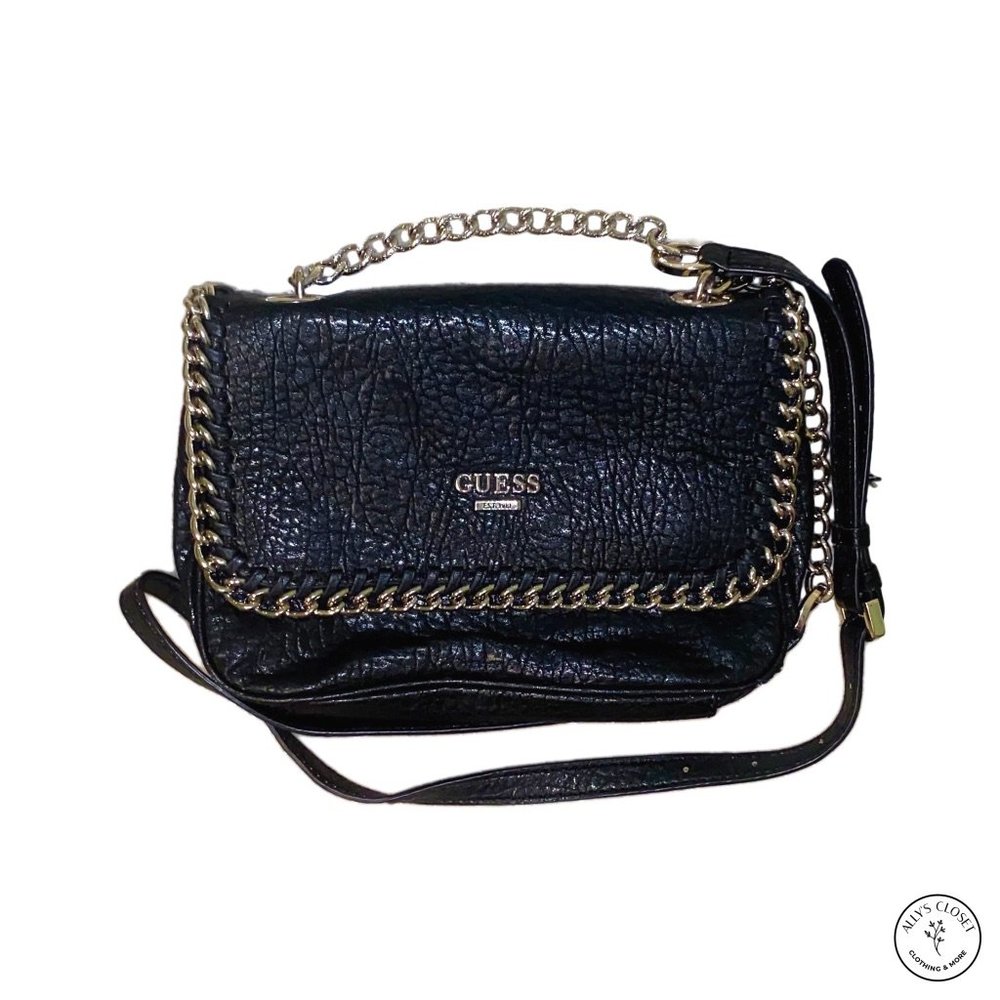 Guess Black Leather Crossbody with Gold Detail